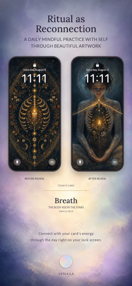 Vesikaa daily reveal ritual shown before and after the card is revealed